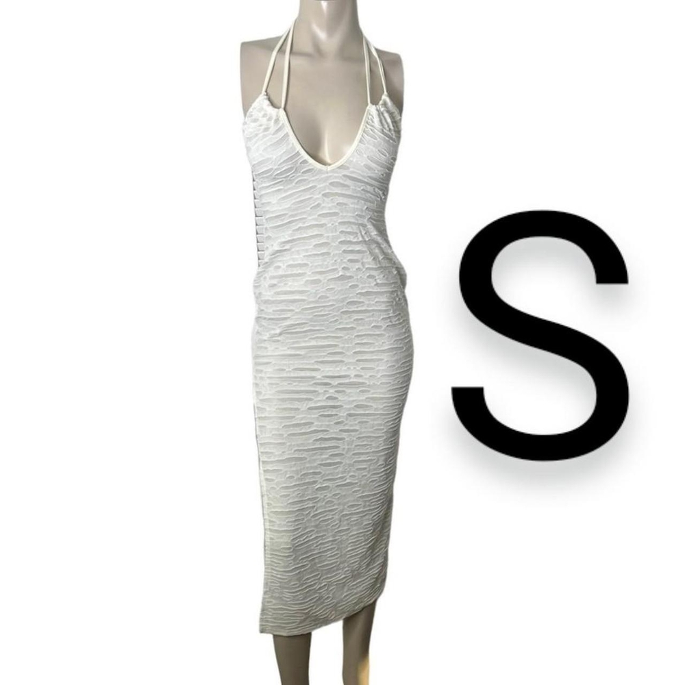 🆕White Mesh Distressed Textured Double Halter Ties Side Slit Maxi Dress~Size S